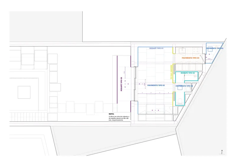 Floor plan drawing showing a series of rooms arranged along a diagonal property line
