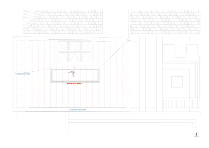 Floor plan drawing featuring a central courtyard with gridded paving and adjacent enclosed rooms