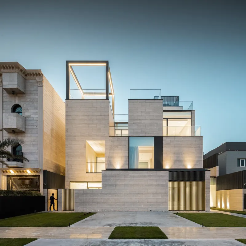 Street facade with stacked stone-clad volumes and illuminated window openings at dusk beside a lawn
