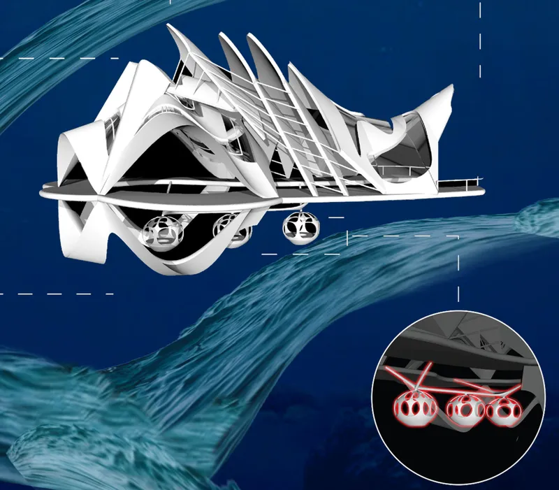 Section drawing revealing the jagged folded roof and suspended spherical mechanical components beneath the floating structure
