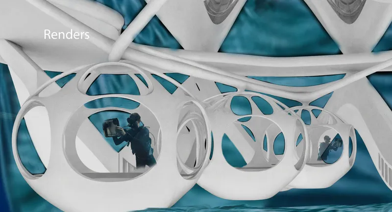 Interior view through tubular white openings framing figures silhouetted against turquoise water beyond