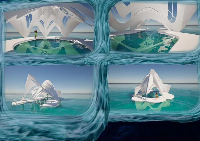 Four-panel rendering sequence showing interior pool spaces and exterior views of the floating pavilion on calm seas