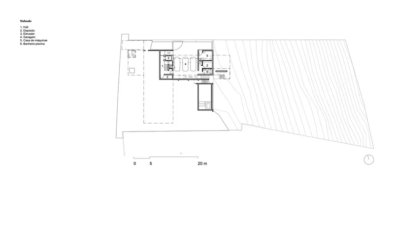 Ground floor plan drawing showing living spaces with outdoor terrace and pool on a sloping site