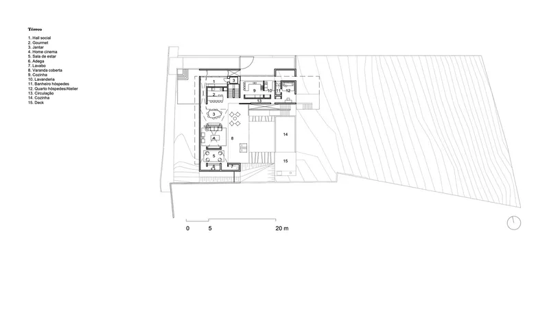First floor plan drawing displaying bedroom suites arranged around a central staircase and double-height space