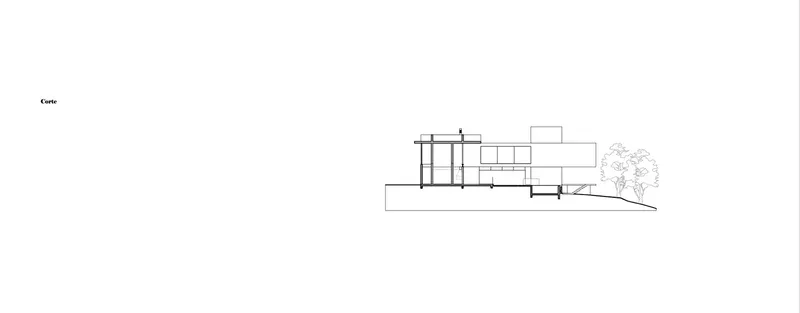 Section drawing revealing the multi-level structure stepping down the hillside with a tree at grade