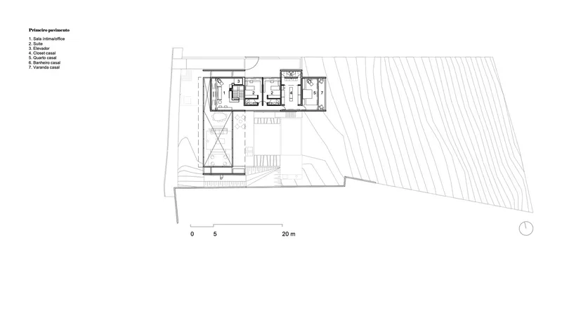 Upper level floor plan drawing showing private sleeping quarters and rooftop terrace with linear layout