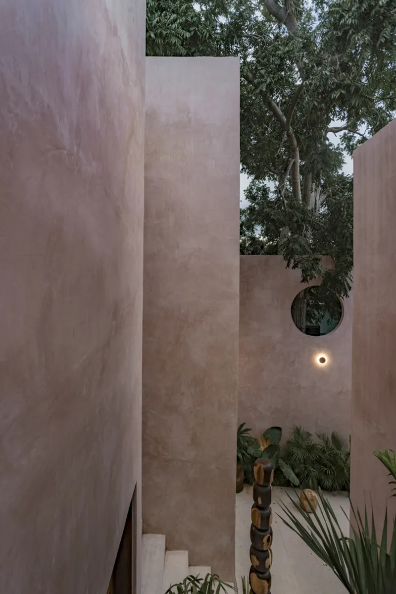 Tall plastered walls framing a staircase with circular wall openings and a mature tree overhead