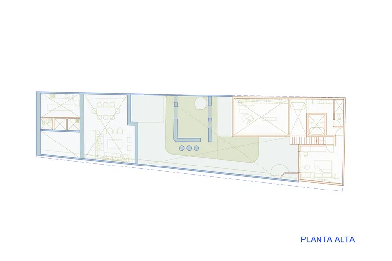Upper level floor plan drawing showing a central courtyard with pool flanked by interior rooms