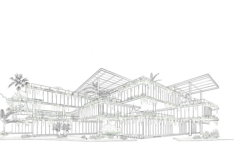Elevation drawing of stacked volumes with vertical louvers and palm trees in the foreground