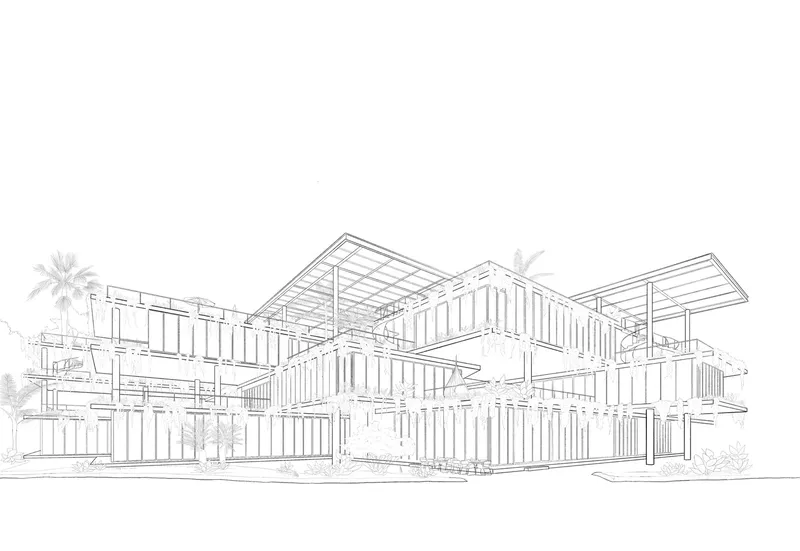Elevation drawing depicting tiered floors with slat screens and rooftop canopies amid planted greenery