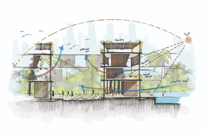 Section sketch with watercolor showing stacked terraces, sun path diagram, and surrounding palm trees