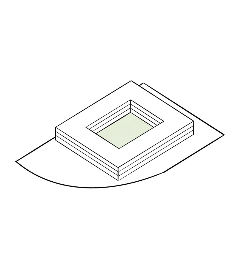 Isometric drawing of a stepped square volume with central courtyard atop a curved platform