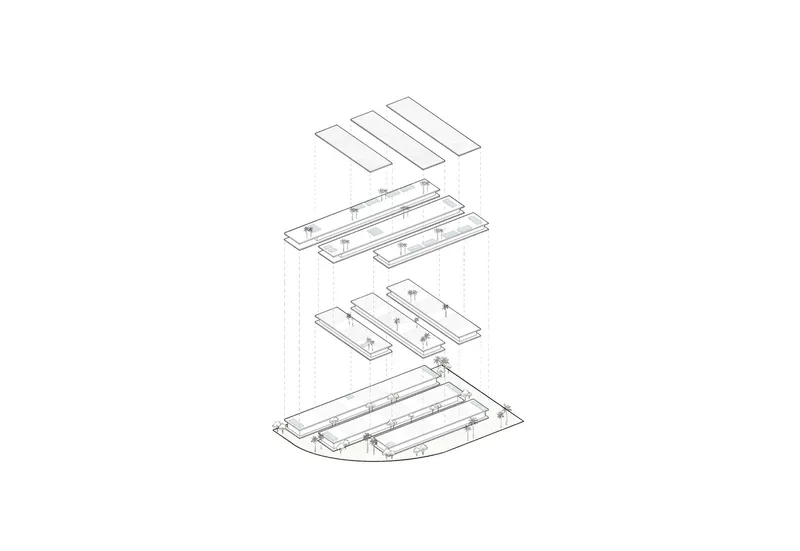 Exploded axonometric drawing showing layered floor plates and structural components above a curved base