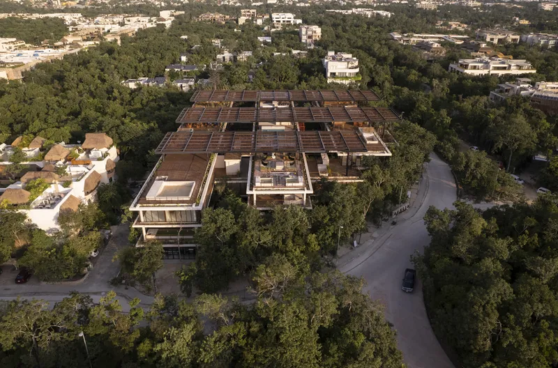 Drone view showing the layered roof structure with timber louvers above a forested neighborhood