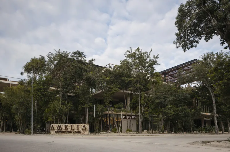 Street entrance with signage visible through mature trees sheltering the low-rise timber-roofed structure