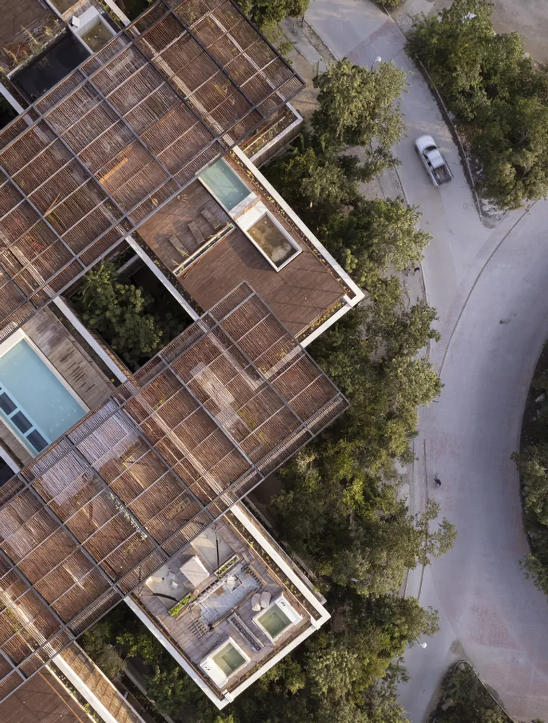 Aerial view of the timber louver roof canopy with central courtyards and street trees below