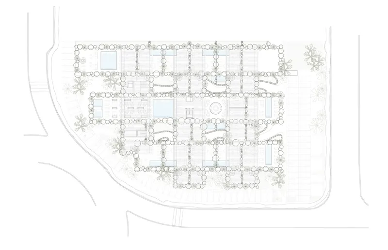 Ground floor plan drawing depicting residential units with planted courtyards and perimeter colonnade of circular columns