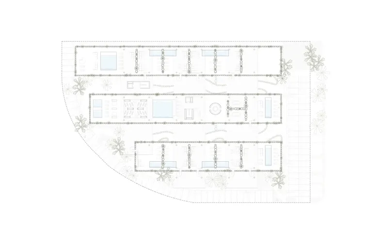 Roof plan drawing showing three bar volumes with planted perimeter edge and surrounding landscape