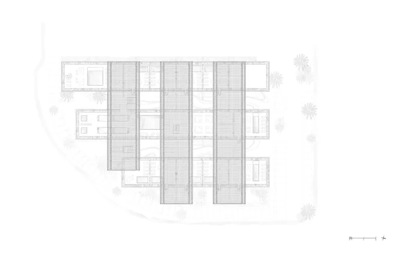 Roof plan drawing illustrating three parallel volumes with slatted shading structures and adjacent landscaping