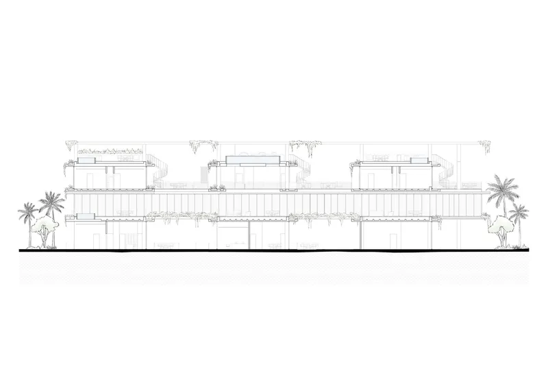 Elevation drawing depicting three raised volumes on a podium base with palm trees flanking the composition