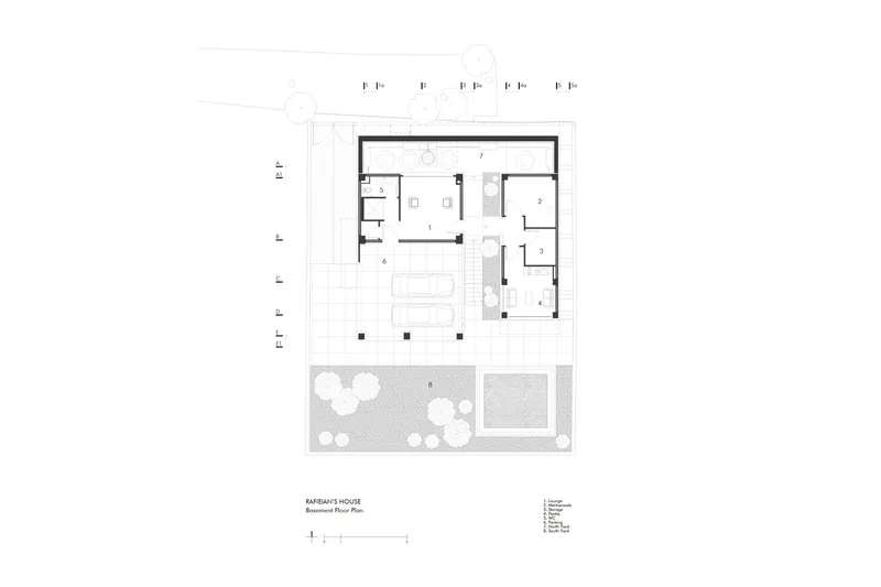 Ground floor plan showing rooms arranged around a central open courtyard with garden below