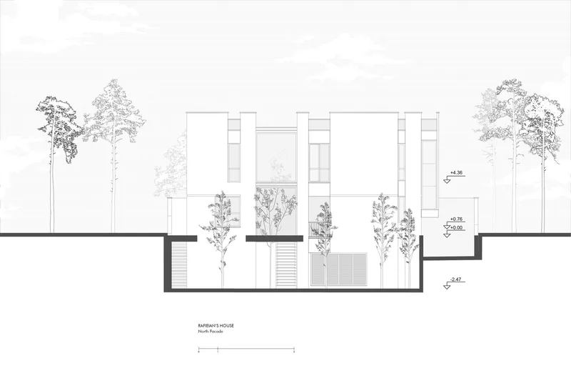 Rear elevation drawing showing terraces with planted beds and tall trees at grade