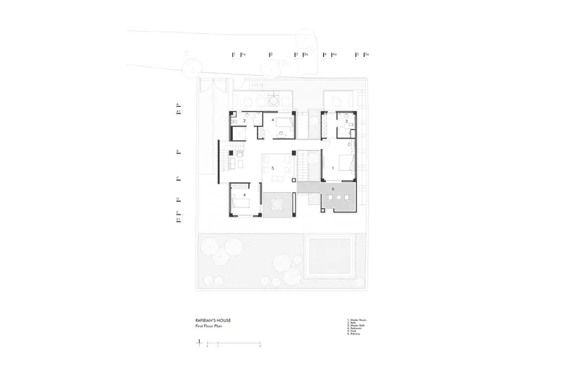 Second floor plan showing bedroom suites flanking a central double-height void