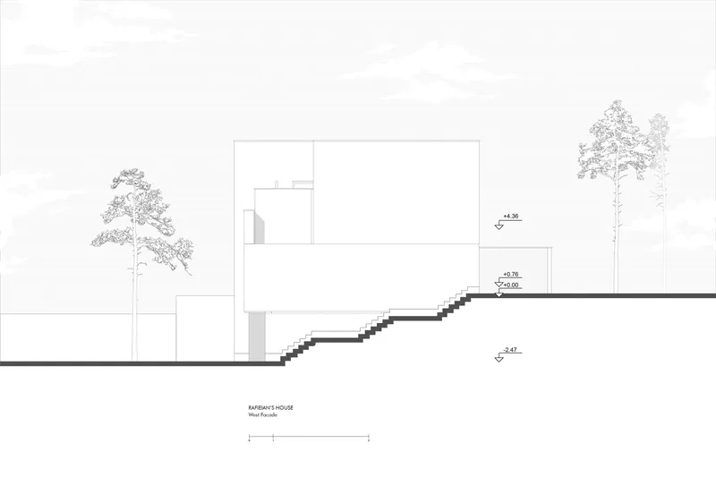 Section drawing showing stacked volumes on a sloped site with exterior stairs and adjacent trees