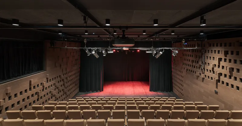 Theater auditorium with perforated timber side walls, black stage curtain and rows of upholstered seats