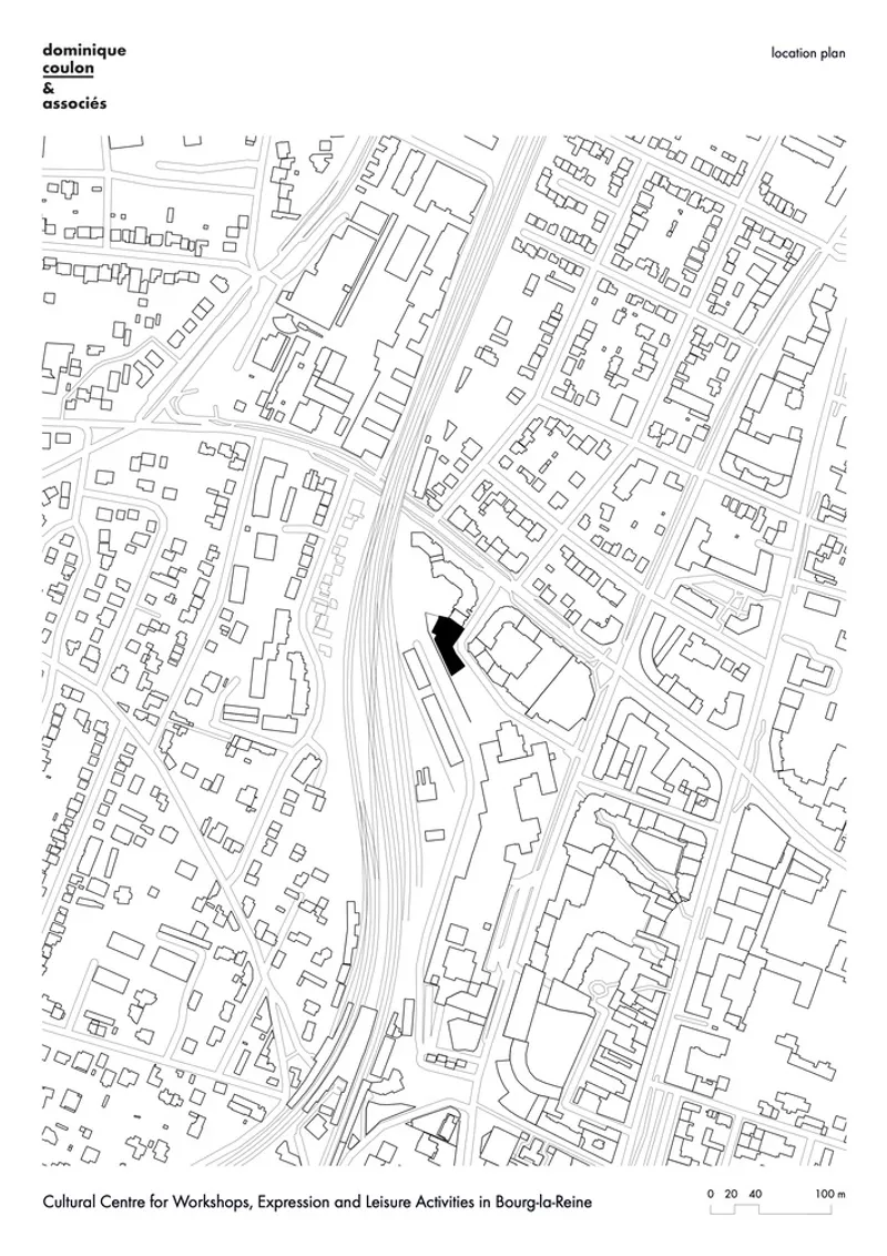 Location plan drawing showing the building footprint in relation to surrounding urban fabric and infrastructure