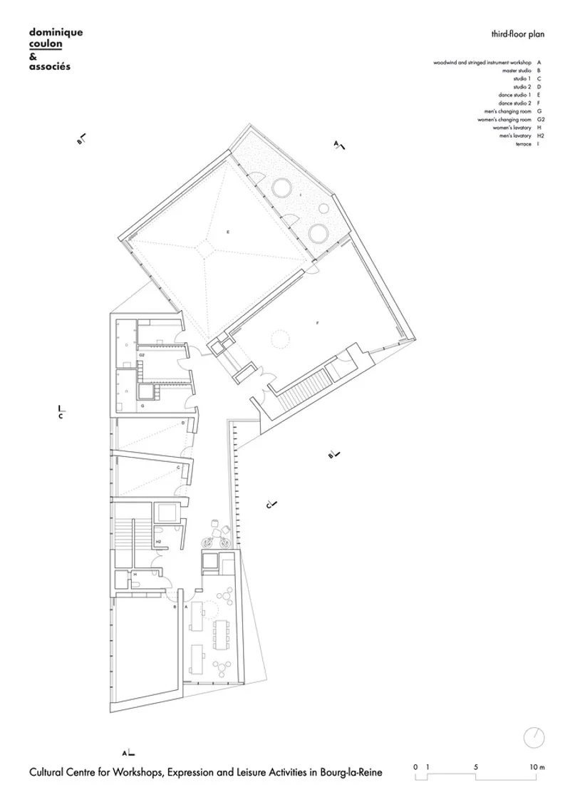 Third floor plan drawing showing an angular layout with workshop spaces and circulation zones