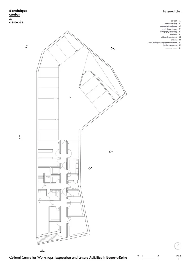 Basement plan drawing showing the angled layout with rooms and circulation corridors