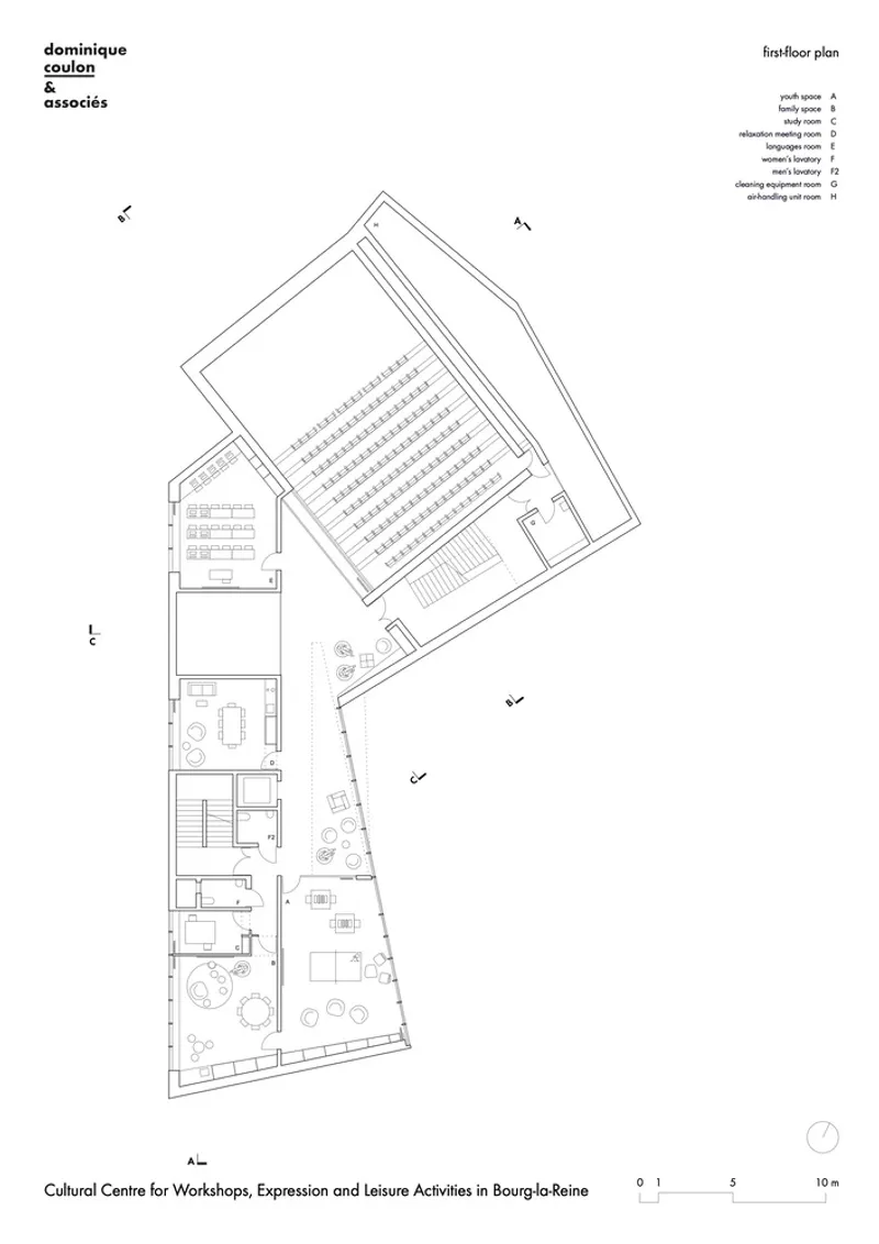 First floor plan drawing showing the auditorium seating and adjacent circulation and support spaces