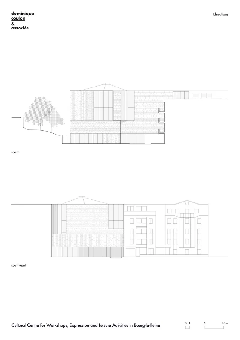 South and south-east elevation drawings depicting varied facade materials and a neighboring tree