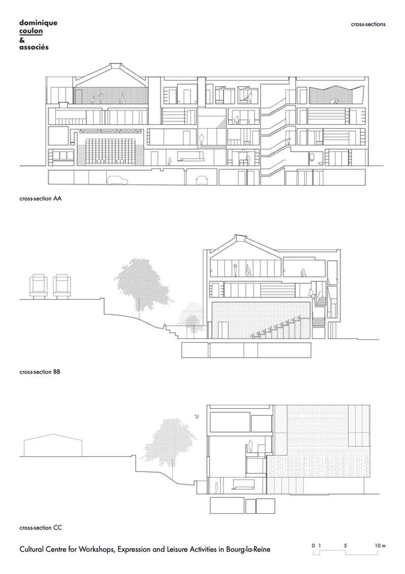 Cross-section drawings showing interior spatial relationships across multiple levels with adjacent trees