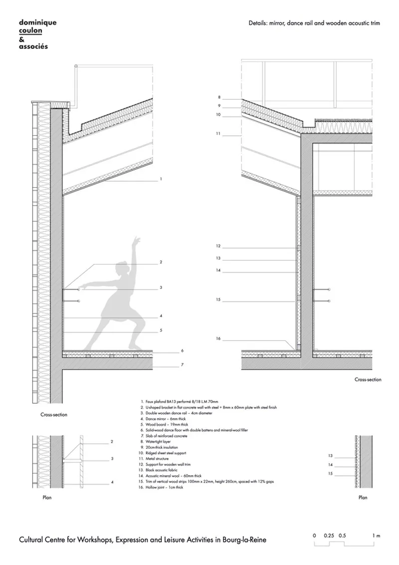 Detail section drawings of the mirror dance hall wall with wooden acoustic trim and seated figure