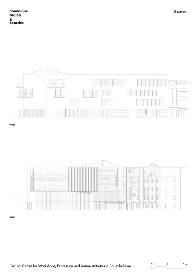 West and east elevation drawings showing the full facade composition with textured cladding systems