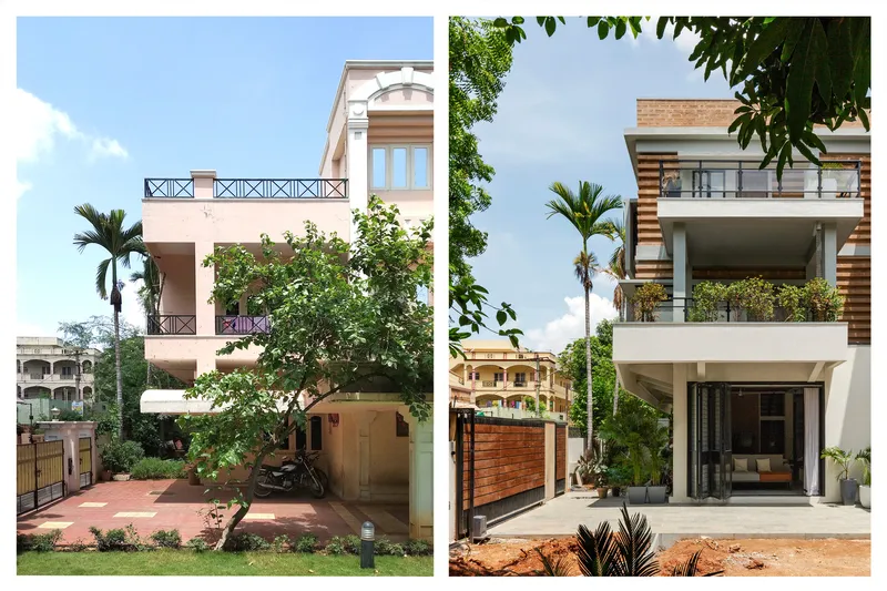 Before and after comparison showing facade transformation with new horizontal banding and stacked balconies with planters