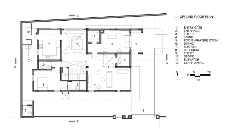 Ground floor plan drawing showing the entry sequence, living spaces, and central courtyard with labeled rooms
