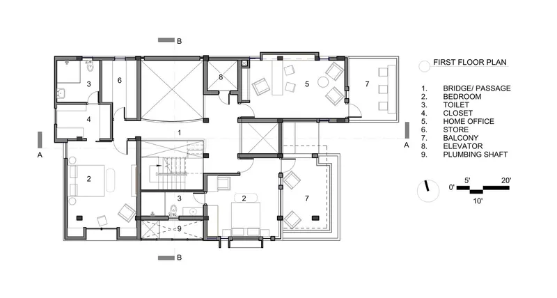 First floor plan drawing showing bedrooms, living spaces, and a central staircase with labeled rooms
