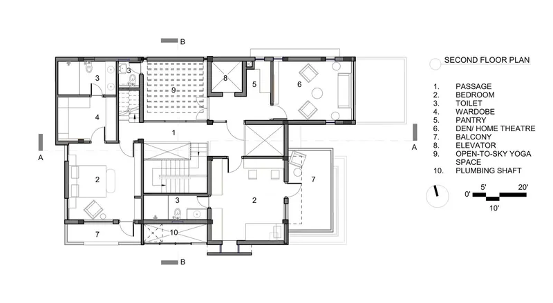 Second floor plan drawing revealing bedrooms, home theater, and an open-to-sky yoga space