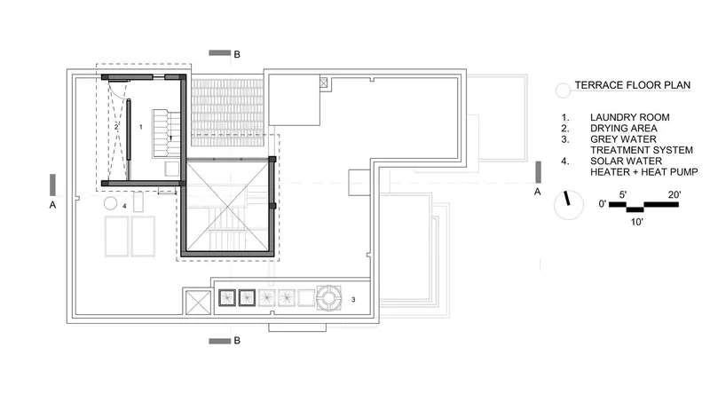 Terrace floor plan drawing displaying laundry room, drying area, and rooftop mechanical equipment zones