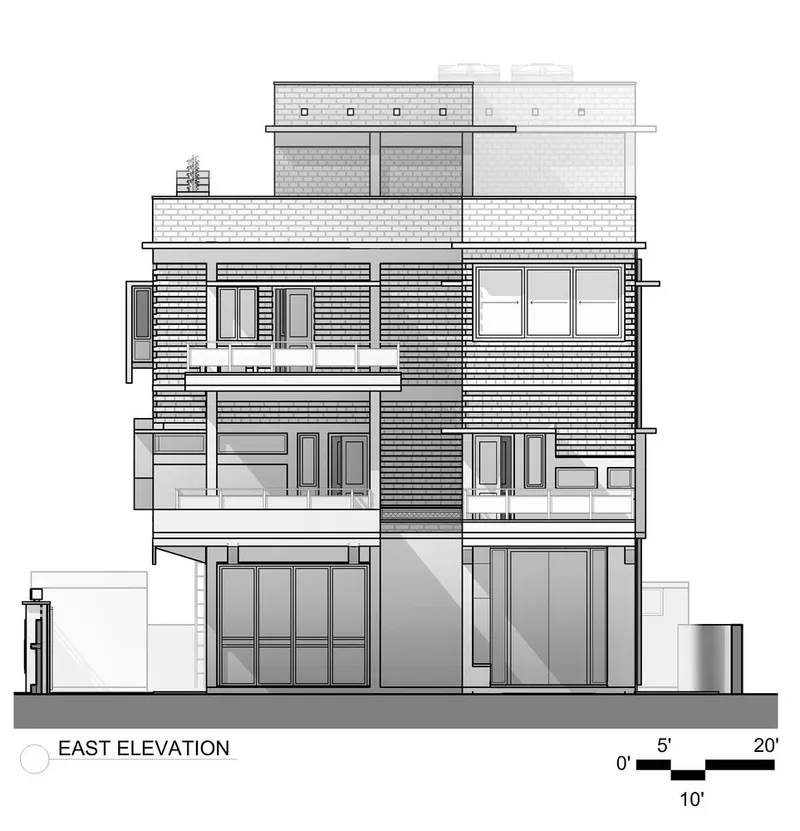 East elevation drawing showing a four-story residence with horizontal cladding and stacked balconies