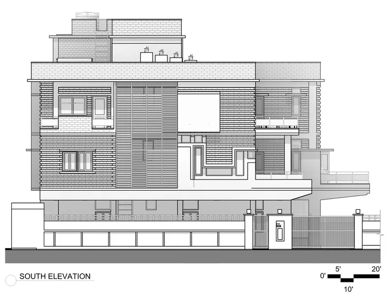South elevation drawing depicting layered volumes with varied cladding textures and a projecting terrace