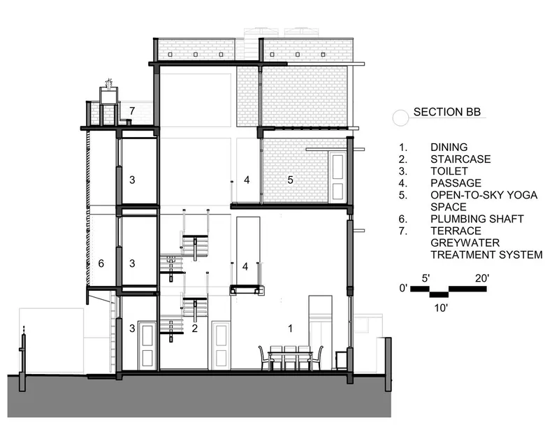 Section drawing through the staircase revealing four levels with open-to-sky space and interconnected rooms