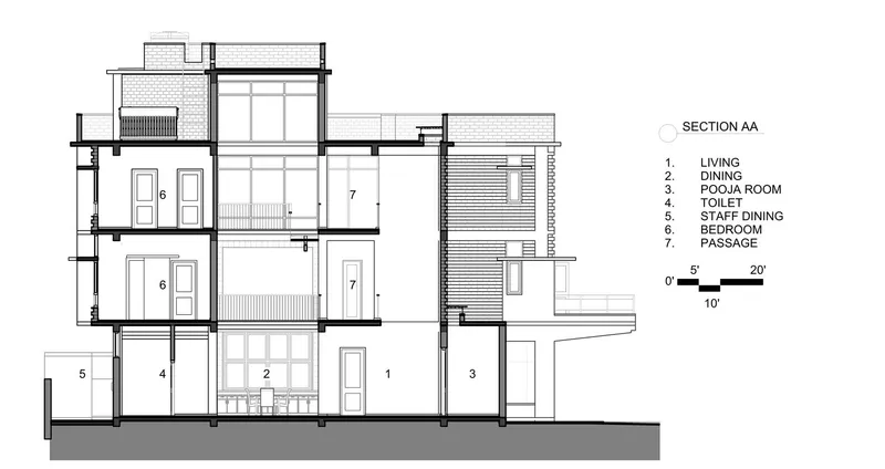 Section drawing showing a multi-story residence with living spaces, bedrooms, and a passage through the volume