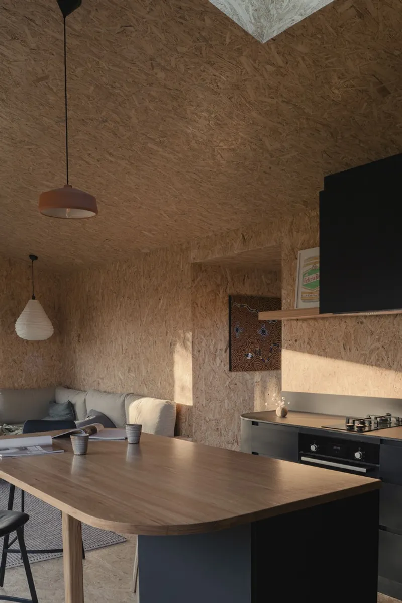 Kitchen and dining area with oriented strand board surfaces lit by afternoon sunlight through adjacent windows