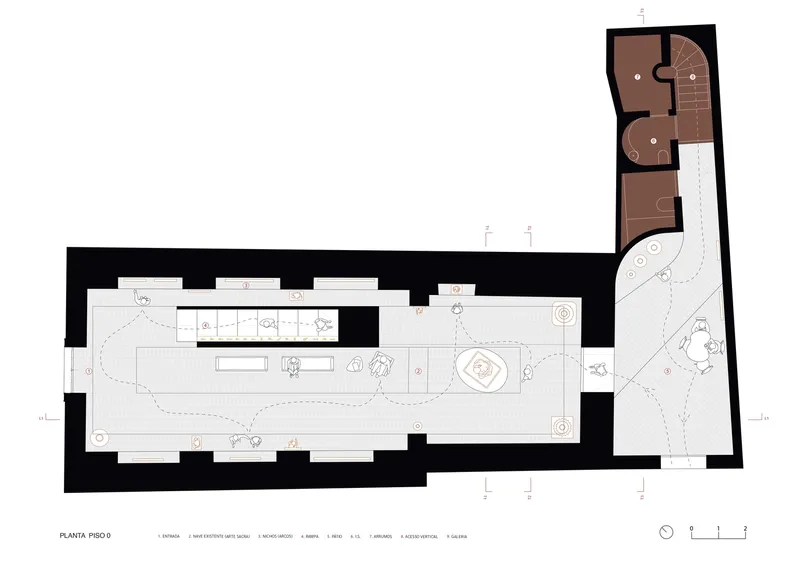 Ground floor plan drawing indicating room layout with brown hatching for service spaces and circulation paths