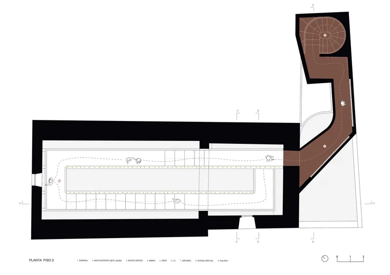 Floor plan showing the second level with expanded tower spaces and a spiral stair above