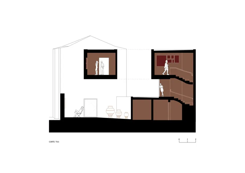 Section drawing showing multi-level interior spaces with a curved stair and figures on different platforms